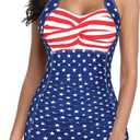 One-Piece Swim Dress for Women-Tummy Control, Built-In Shorts, Modest Skirted Swimwear, Swim Suits for Women 2026 for Beach Pool Vacation American Flag 10-12
