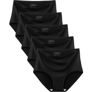 MISSWHO No Show High Waisted Seamless Underwear Women Soft Stretchy Panties 5 Pack (Black, XL)
