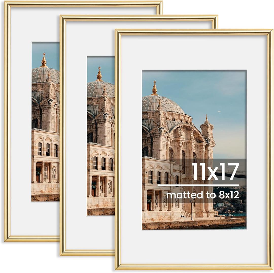 11x17 Picture Frame, Display Pictures 8x12 with Mat or 11x17 Without Mat, Wall Hanging Photo Frame, Gold, 3 Pack