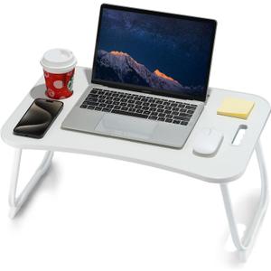 Laptop Bed Desk, Foldable Lap Table, Portable Study Table, Laptop Stand with Cup Holder & Tablet Slot & Lifting Handle for Working Writing Drawing & Eating - White