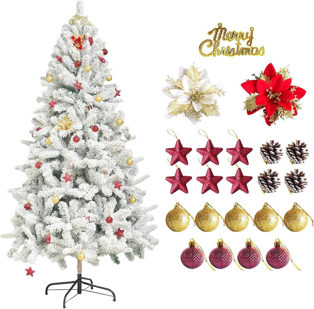 6ft White Artificial Christmas Tree, Christmas Pine Tree for Home Party Christmas Decorations with 600 Branches and Two-Color Decorative Flowers Decorative Balls