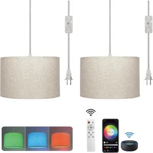 Hanging Lamp Plug in Pendant Light 2 Pack with Remote Control, 15Ft Hanging Lights with Plug in Cord Beige Lamp Shade Plug in Ceiling Light with Cord for Bedroom, Kitchen, Living Room, Dining Table