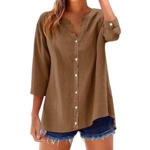 LOMON 3/4 Length Sleeve Shirts for Women Cotton Short Sleeve Button Down Shirt V Neck Loose Summer Tops Light Coffee XL