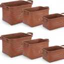 Gisafai 6 Pack Handwoven Wicker Storage Baskets, 3 Sizes Rectangular Woven Laundry Baskets with Leather Handles, Decorative Rattan Closet Organizers and Storage Bins for Shelves, Clothes, Blankets