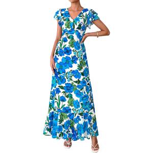 PRETTYGARDEN Wedding Guest Dresses for Women 2026 Spring Summer Short Sleeve Ruffle V Neck Floral Flowy Beach Maxi Long Dress(Floral Blue, X-Large)