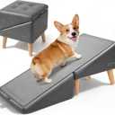 Dog Stairs for Small Dogs 16" H - Upgraded Non-Slip Dog Ramp for Couch, Foldable 2-in-1 Pet Ramp and Ottoman, Pet Stairs for Puppy, Pet Steps with Solid Wood Frame (Grey)