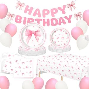 Zhehao 66 Pcs Coquette Pink Bow Birthday Party Supplies Include 7" 9" Pink Bow Paper Plates and Napkins Sets Happy Birthday Banner Tablecloth for Coquette Party, Serves 16 Guests