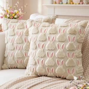 Artscope Easter Pink Rabbit Ears Pillow Covers 18x18 Set of 2 Decorative Easter Bunny Throw Pillow Cases Soft Plush Faux Fur Couch Cushion Case for Holiday Sofa Bed Room Home Decor-Beige