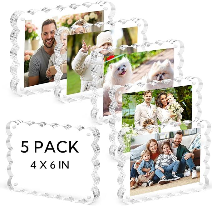 VZZNN 5 Pack Acrylic Picture Frame Horizontal Magnet Double Sided 4X6 Magnetic Scalloped Photo Frames 10+10MM Thick Clear Frameless Desktop Display