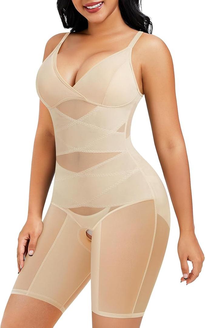 REYEOGO Bodysuit Shapewear for Women Tummy Control Butt Lifter Full Body Shaper Seamless Thigh Slimmer Fajas V-Neck Camisole Jumpsuit (Beige, Large)