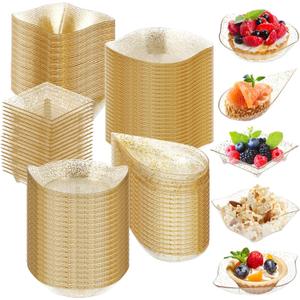Tessco 100 Pcs Mini Dessert Plates Set, Disposable Appetizer Plates Assorted Shape Mini Plastic Spoons for Wedding Party Birthday(Gold)
