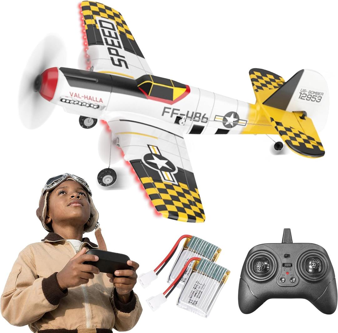 BEZGAR RC Plane, Drones for Kids, 6-axis Gyro Remote Control Airplane, RC Helicopter, Easy Control for Beginners Toys with Colorful LED Navigation Lights Yellow