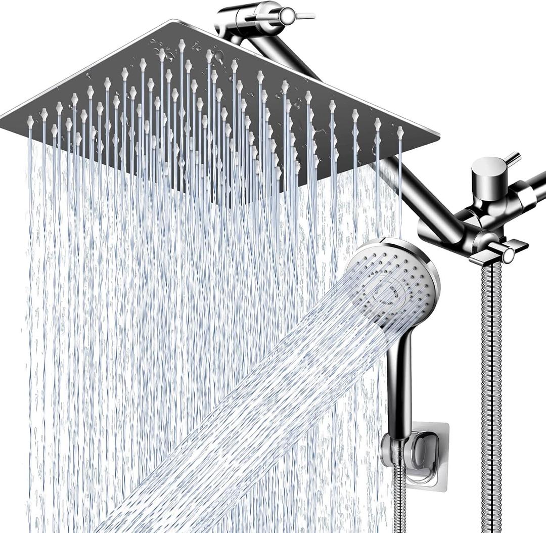PinWin Modern 12" Large Square Rain Showerhead with 5 Modes Handheld Showerhead Combo, Adjustable Arm, Easy Tool-Free Installation (Chrome)