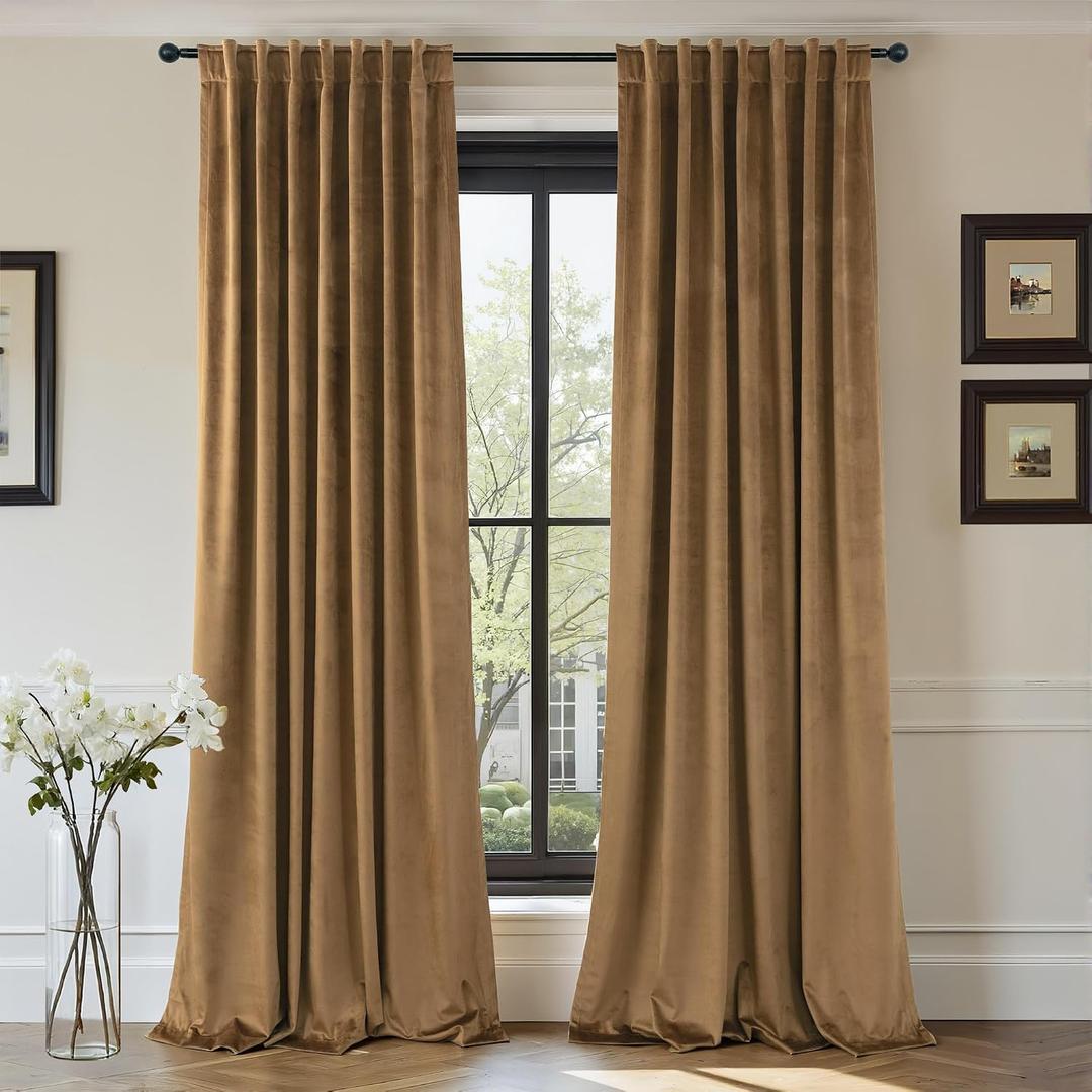 Velvet Curtains 84 Inch Length 2 Panels Set Gold Brown Light Blocking Thermal Insulated Room Darkening Window Drapes Soft Luxury Curtain for Living Room Bedroom Back Tab Pleated Pocket 7ft Long Golden
