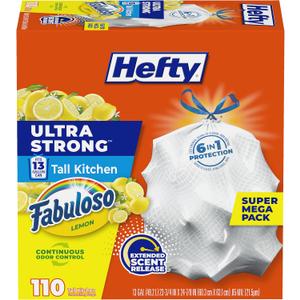 Hefty Ultra Strong 13 Gallon Trash Bags, Tall Kitchen Trash Bags 13 Gallon Size, Resist Leaks, Punctures, and Rips, Continuous Odor Control, White, Fabuloso Lemon Scent, 110 Bags