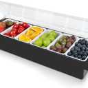 Bar Fruit Condiment Caddy With Lid,Bar Garnish Tray Caddy For Bartenders,Plastic Toppings Container For Fruits,Ice Cream,Salad(6 Compartment)