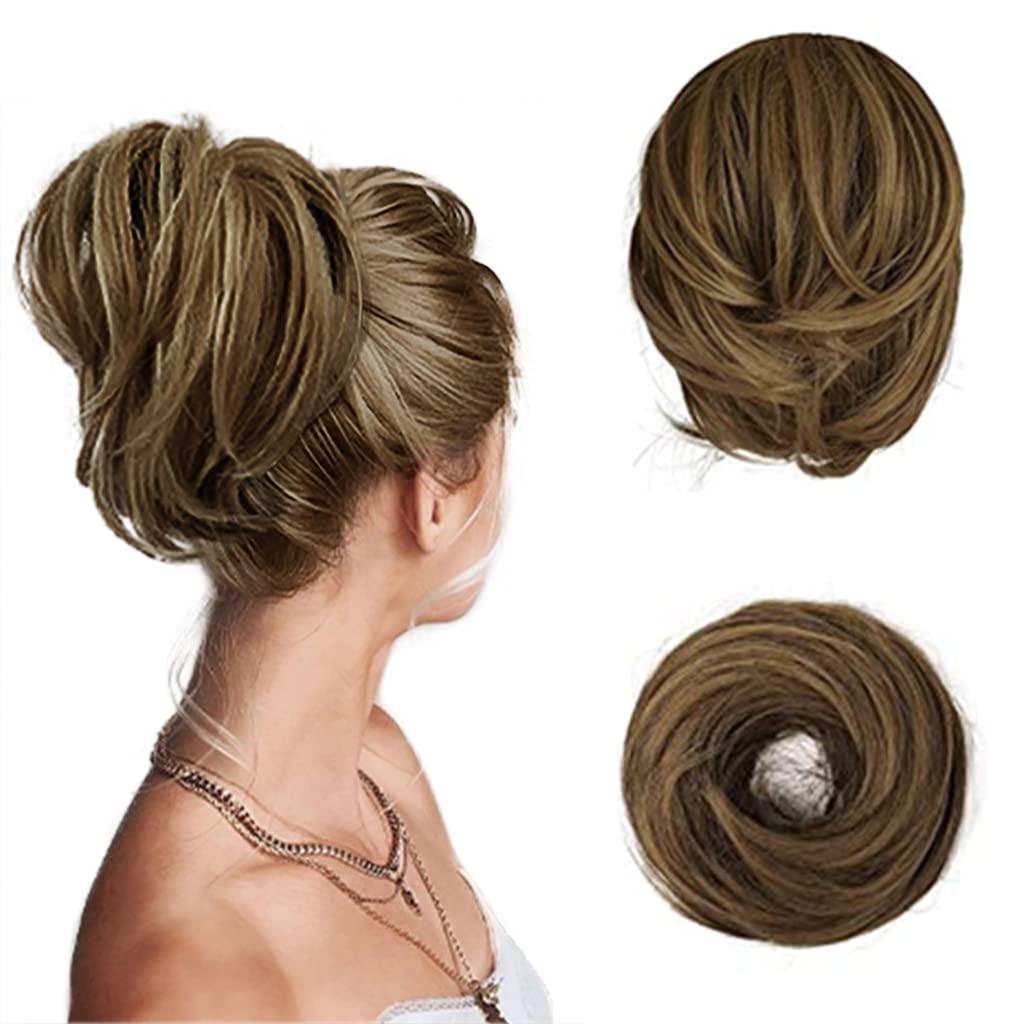 BARSDAR Hair Bun Ponytail Extension - Fully Short Straight Ponytail Bun Extensions Synthetic Easy Elastic Messy Hair Bun Scrunchies Hairpieces for Women - Brown mix Strawberry Blonde