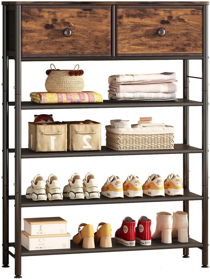 Shoe Rack Organizer 5 Tier Metal Organizer Shelf with 2 Drawers Industrial MDF Board and Layer Fabric for Entryway Closet Bedroom Living Room Garage (Black+rustic Brown)