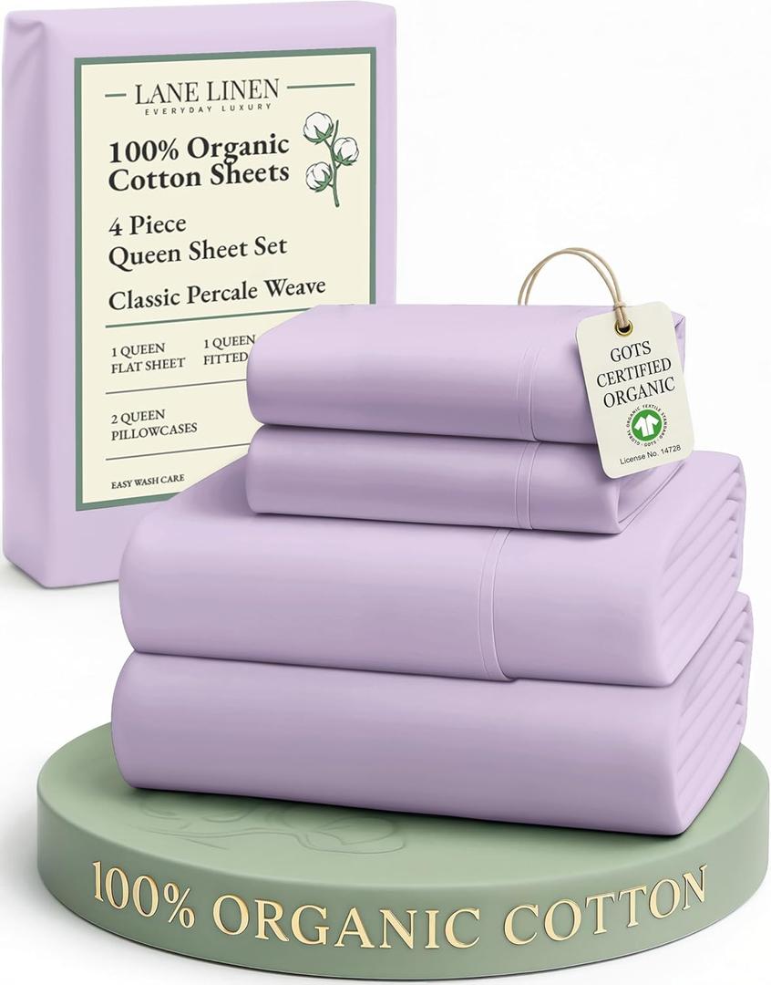 LANE LINEN 100% Organic Cotton Queen Sheets, Low Pill Fade Resistant Classic Percale Weave Bedsheets for Queen Size Bed, 15" Deep Pocket Sustainably Produced Mercerized Cotton Sheeting- Orchid Petal