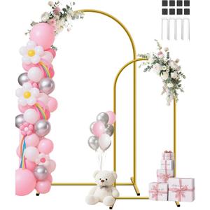 HEMMOTOP Metal Arch Backdrop Stand Set of 2 (7.2ft + 6ft), Wedding Arch Frame, Stable Background Stand with Square Base Ground Nails, for Birthday Party Baby Shower Garland Decoration, Gold