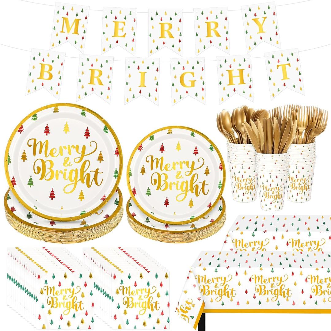 Baderke 195 Pcs Christmas Party Supplies Merry Bright Disposable Tableware Set Gold Christmas Plates Tablecloth Banner Napkins Cups Forks Knife Spoon Friendsmas Xmas Holiday Decorations for 24 Guests
