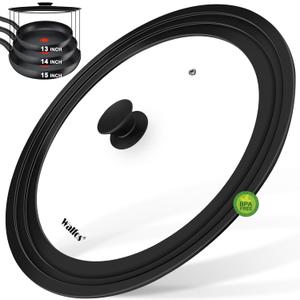 Walfos Universal Lid for Pots, Pans and Skillets - Tempered Glass with Heat Resistant Silicone Rim, Fits 13", 14" and 15" Diameter Cookware