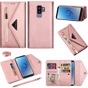 Wallet Case for Samsung Galaxy S9 Plus Leather Flip Zipper Purse Handbag with Credit Card Holder Shoulder Strap and Wrist Strap Lanyard Phone Cover for S9+ 9S 9+ S 9 9plus S9plus Women Pink