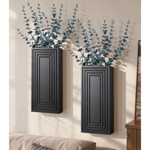 Wooden Wall Planter Vase, 2 Pack Black Wood Hanging Vases with Fake Eucalyptus for Indoor Modern Boho Farmhouse Wall Art Decor for Home Indoor Kitchen Modern Farmhouse Bathroom