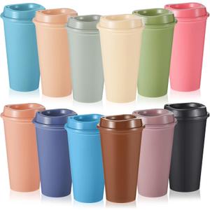 12 Pcs Reusable Coffee Cups with Lids 16 oz Travel Hot Cups Microwavable Plastic Tumblers Coffee Mugs Christmas Gifts Party Favors Adult for Hot and Cold Drinks (Morandi Colors)