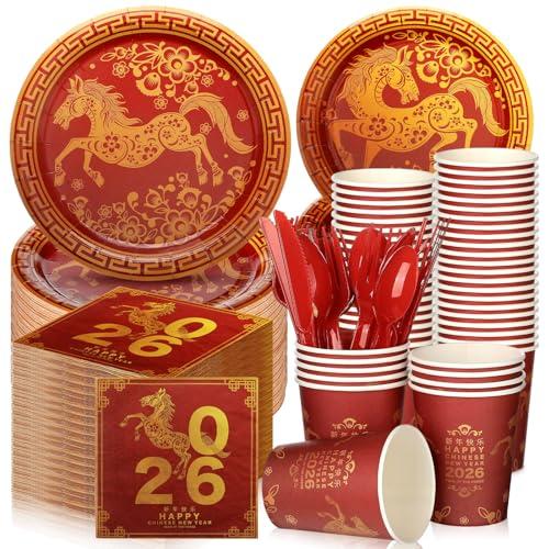 Zhehao 210 Pcs Chinese New Year Decorations Lunar New Year Party Supplies 2026 Chinese Dinnerware Paper Plates and Napkins Cups Serve 30 Guests (Horse)