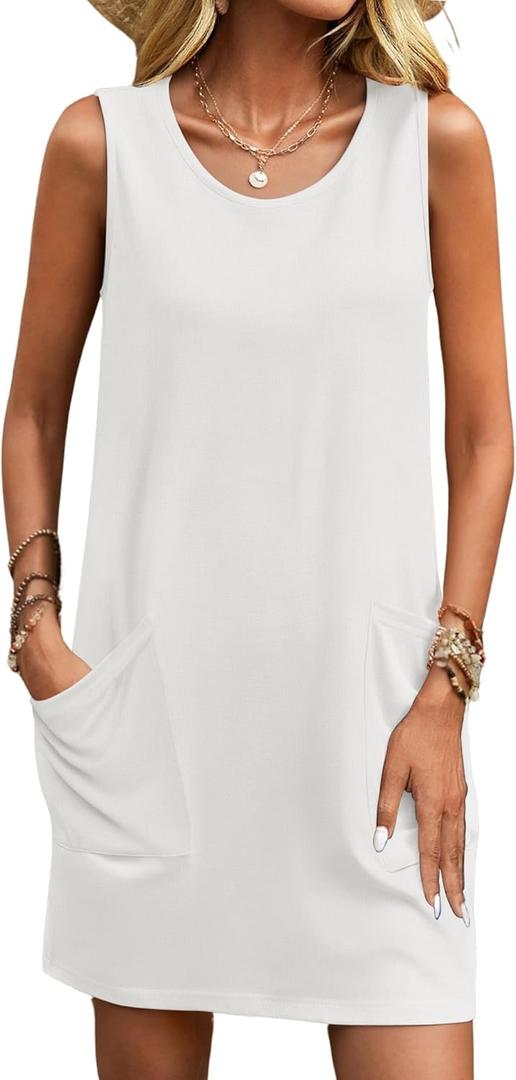 Ekouaer Womens Nightgown Sleeveless Nightgowns for Women with Pocekts Tank Dress Crew Neck Sleepwear S-XXL (Large, White)