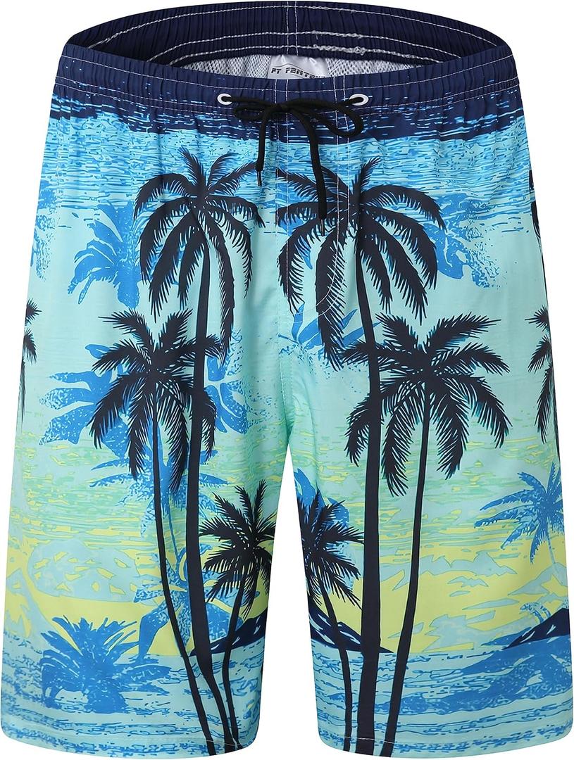 FT FENTENG Mens Swim Trunks Quick Dry Board Shorts with Mesh Lining, Breathable Surf Beach Shorts Swimwear Bathing Suits (Blue)