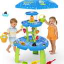 2026 Upgraded Water Table for Toddlers 3-5, 3-Tier Water and Sand Activity Sensory Playset with Water Pump & Umbrella, Summer Outdoor Kids Water Sensory Table, Rain Shower Splash Pond for Water Play