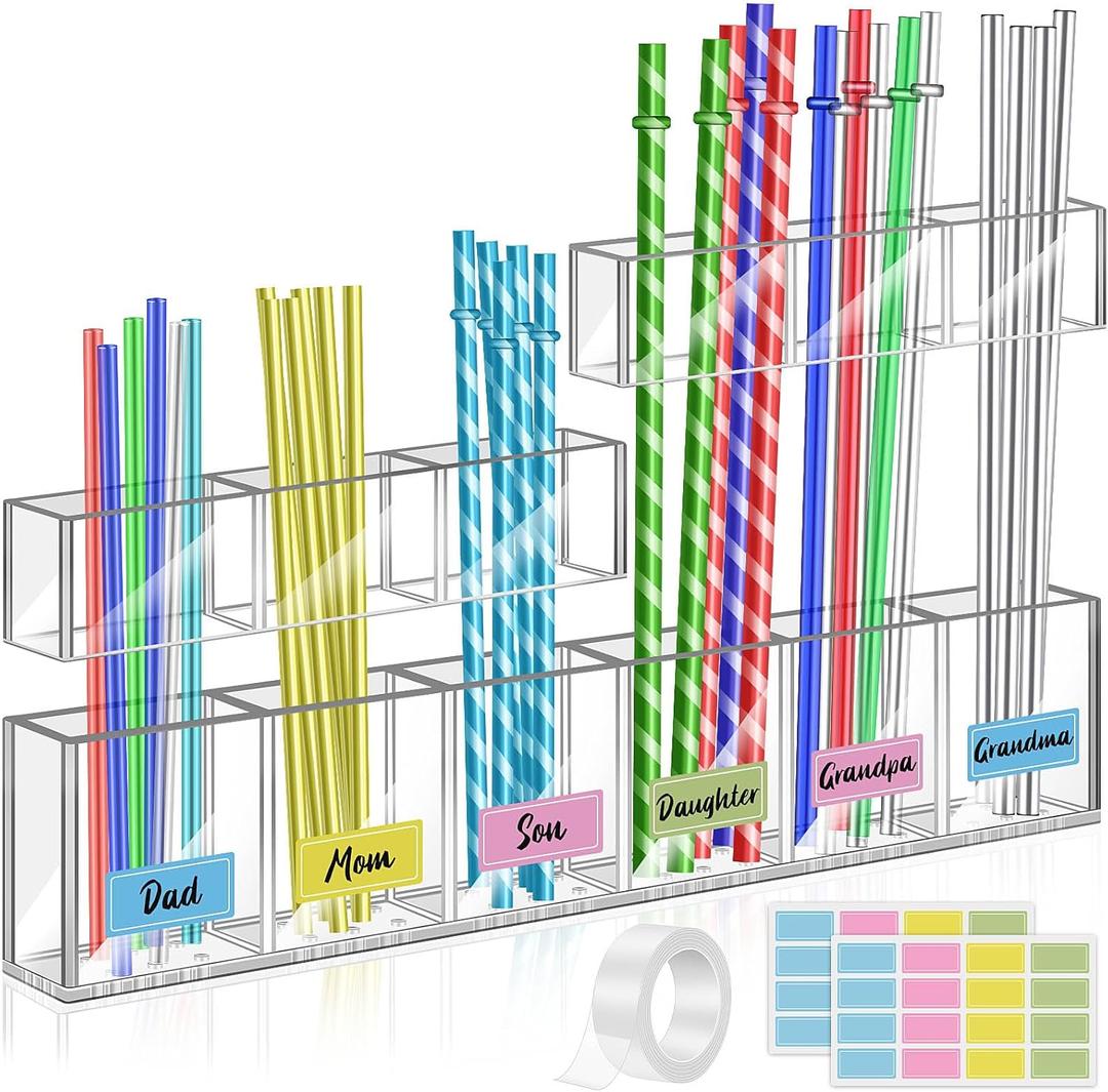 11.8'' Large Adjustable Height Acrylic Straw Holder for Cabinet Door with Ultra Sticky Double Sided Adhesive Tape, Reusable Tumbler Straw Dispenser for Kitchen Counter Cupboard -Transparent