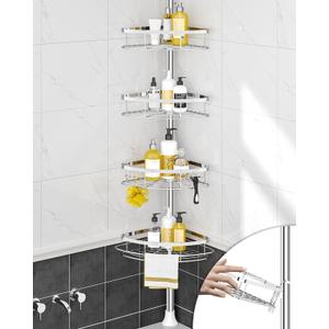 SEIRIONE Rustproof Shower Corner Caddy Organizer for Bathroom, 4 Adjustable Shelves with Tension Pole, for Bathtub Shampoo Accessories Storage Holder, 34 to 116 Inch Height (Stainless)