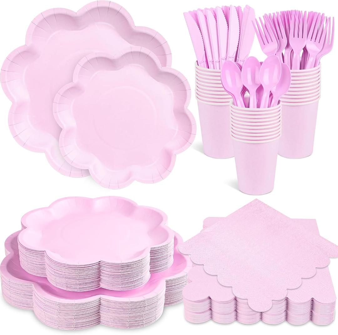 350 Pcs Lavender Paper Plates and Napkins Set, Tableware Set for 50 Guests Include Disposable Purple Scalloped Plates, Napkins, Cups, Knives, Fork & Spoon for Baby Shower Wedding Bridal Shower