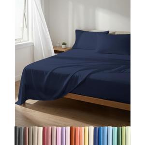 Lightweight 4 Piece Bed Sheet Set Full Size - Cooling Sheets for Hot Sleepers - Soft Breathable Bedding Set w/ 8-16 Inch Deep Pockets - 1 Flat, 1 Fitted & 2 Pillowcases - Wrinkle Resistant - Navy Blue