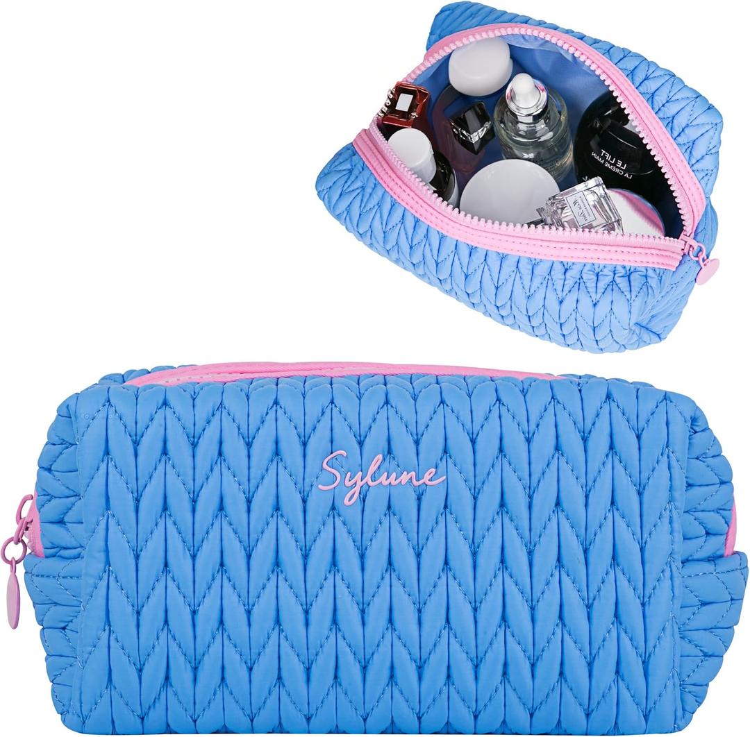 Sylune Knitty Bag  Blue Quilted Makeup Bag for Women, Lightweight Waterproof Cosmetic Organizer, Soft Nylon Travel Pouch, Elegant Gift Choice