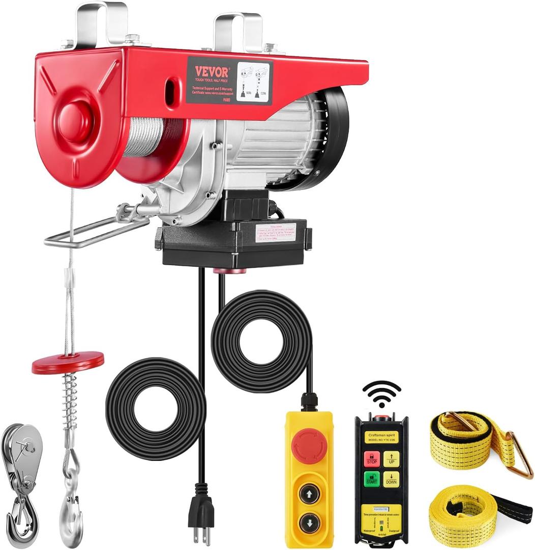 VEVOR Electric Hoist, 1320 lbs 120V Electric Winch with 328 ft Wireless & 14 ft Wired Remote Control, 40 ft Single Cable Lifting Height, Single/Double Slings, Lift Hoist for Garage Warehouse Factory