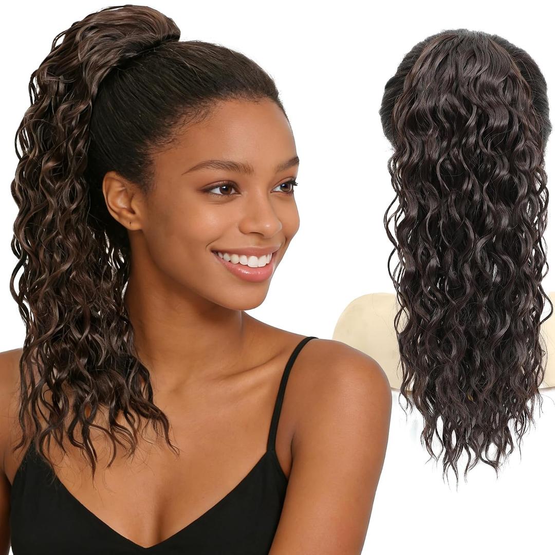 16 Inch Medium Brown Water Wave Drawstring Ponytail for Black Women - Synthetic Hairpiece, Curly Wavy Extension, Natural Looking & Easy to Install for Daily Party Use