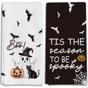 Ghost Pumpkins Bats Cat Hey Boo Halloween Waffle Weave Kitchen Towels, 16x24 Inches