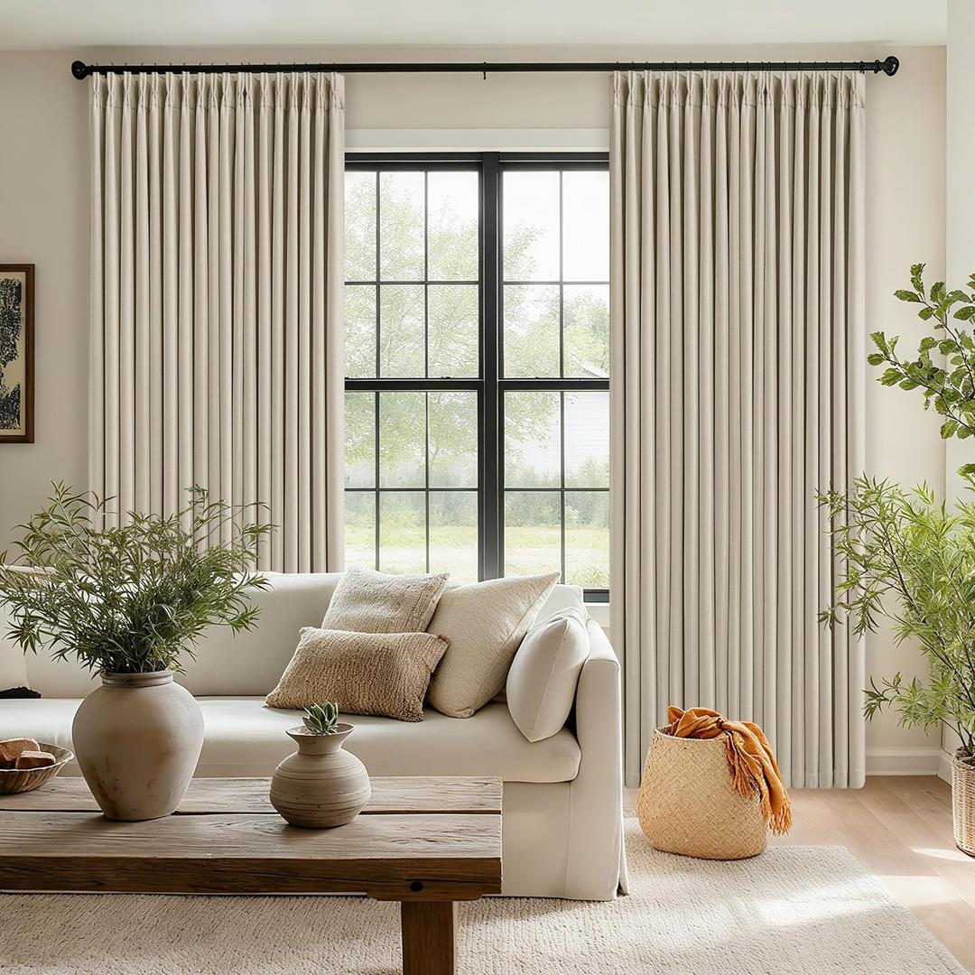 Pinch Pleated Blackout 90 Inch Curtains 70 Inch Wide Linen Dual Layer Soundproof Farmhouse Bedroom Window Curtains for Living Room Sliding Door with Hooks Rings Back Tab 100% Black Out Drapes 1 Panel