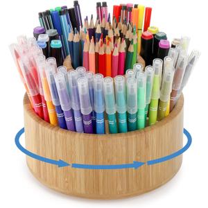 SOUJOY Bamboo Pen Holder Organizer, 360Rotating Art Supply Organizer with 11 Compartments, Color Pencil Storage Caddy, Hold 200+ Pencils, Office Desk Stand Box for Marker Pens, Pencil, Art Brushes