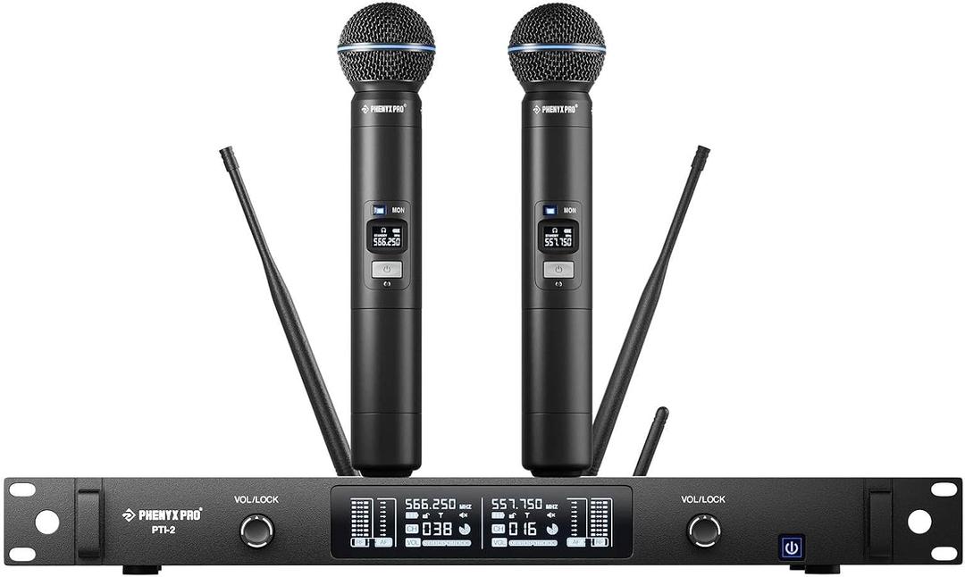 Phenyx Pro UHF Smart Wireless Microphone System, Dual Cordless Mics w/Auto Scan&Sync, Adaptive RF Power, Talkback Function, 2x100 Freq, 328 ft, Dynamic Microphones for Live Show, Event (PTI-2)