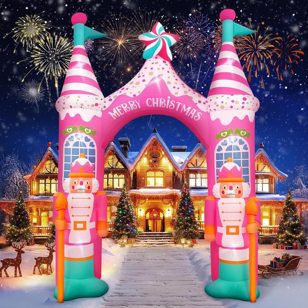 Evoio 12 FT Giant Christmas Archway Inflatables Nutcracker with LED Lights, Pink Xmas Arch Inflatable Stereoscopic Blow up Christmas Outdoor Decorations for Front Yard, Driveway, Lawn, Garden, Square