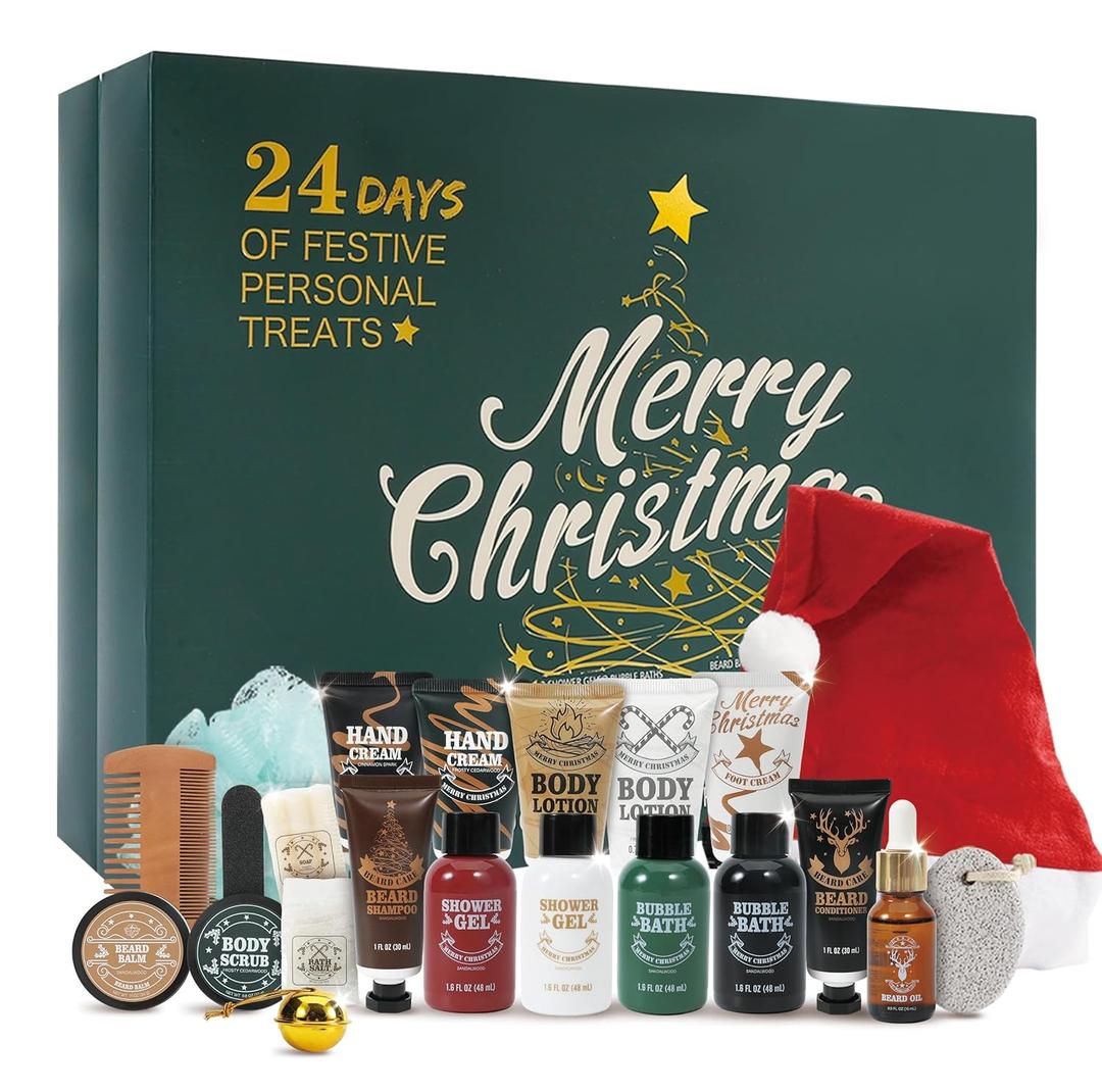 BODY & EARTH 2025 Advent Calendar for Men Christmas Holiday Gifts 24 Days of Countdown Calendar, Advent Beauty Calendar 2025 Adult 24PCS Beard Care Grooming Set Mens with Sandalwood & Cedar Beard Oil (Green)