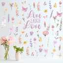 Mfault Watercolor Floral Wall Decals Stickers, Live Laugh Love Flower Butterfly Botanical Decorations Bedroom Art, Spring Summer Wildflower Natural Home Living Room Kitchen Decor