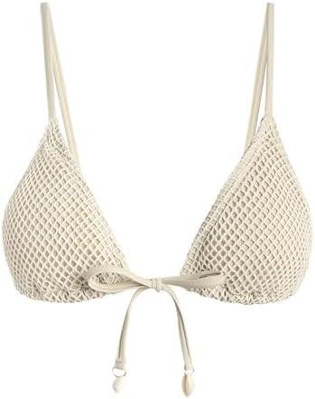 ZAFUL Women Triangle String Bikini Top Mesh Tie Shell Decor Swimsuit Top Only, Size: Medium