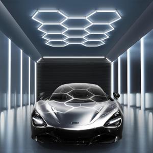 MODERN 11 Hexagon LED Garage Light, Ultra-Bright 6500K Natural White, 11 Grids for Garage, Mall, Shop, and Auto Detailing. MODERN 11 Hexagon LED Garage Light, Ultra-Bright 6500K Natural White, 11 Grids for Garage, Mall, Shop, and Auto Detailing.