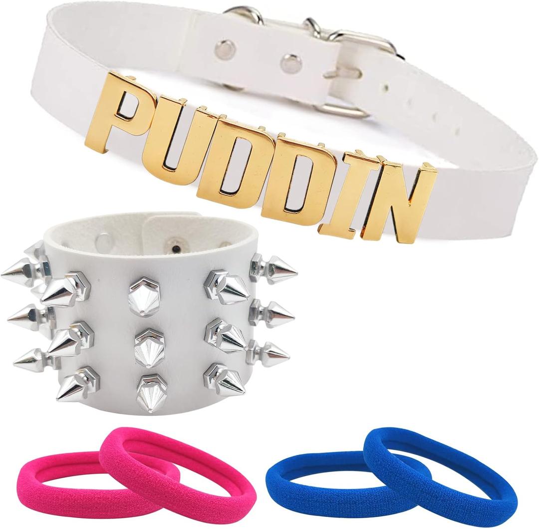 Puddin Choker Bracelet Set Punk Leather Bracelet Letter Collar Cosplay Accessory for Women Halloween Party Costume